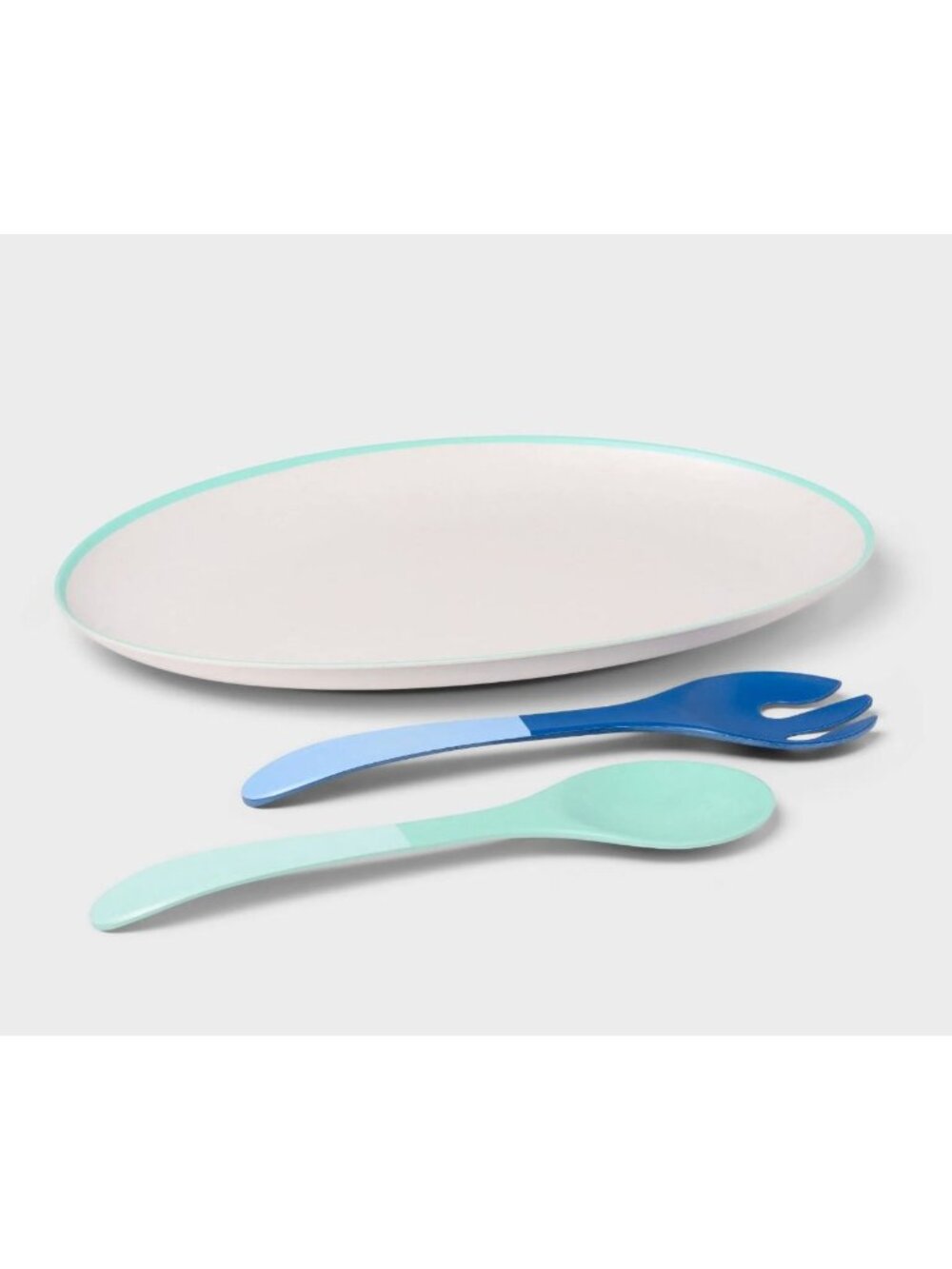Serving Platter & Utensil Set - Oval Platter With Fork & Spoon In Blue & Green